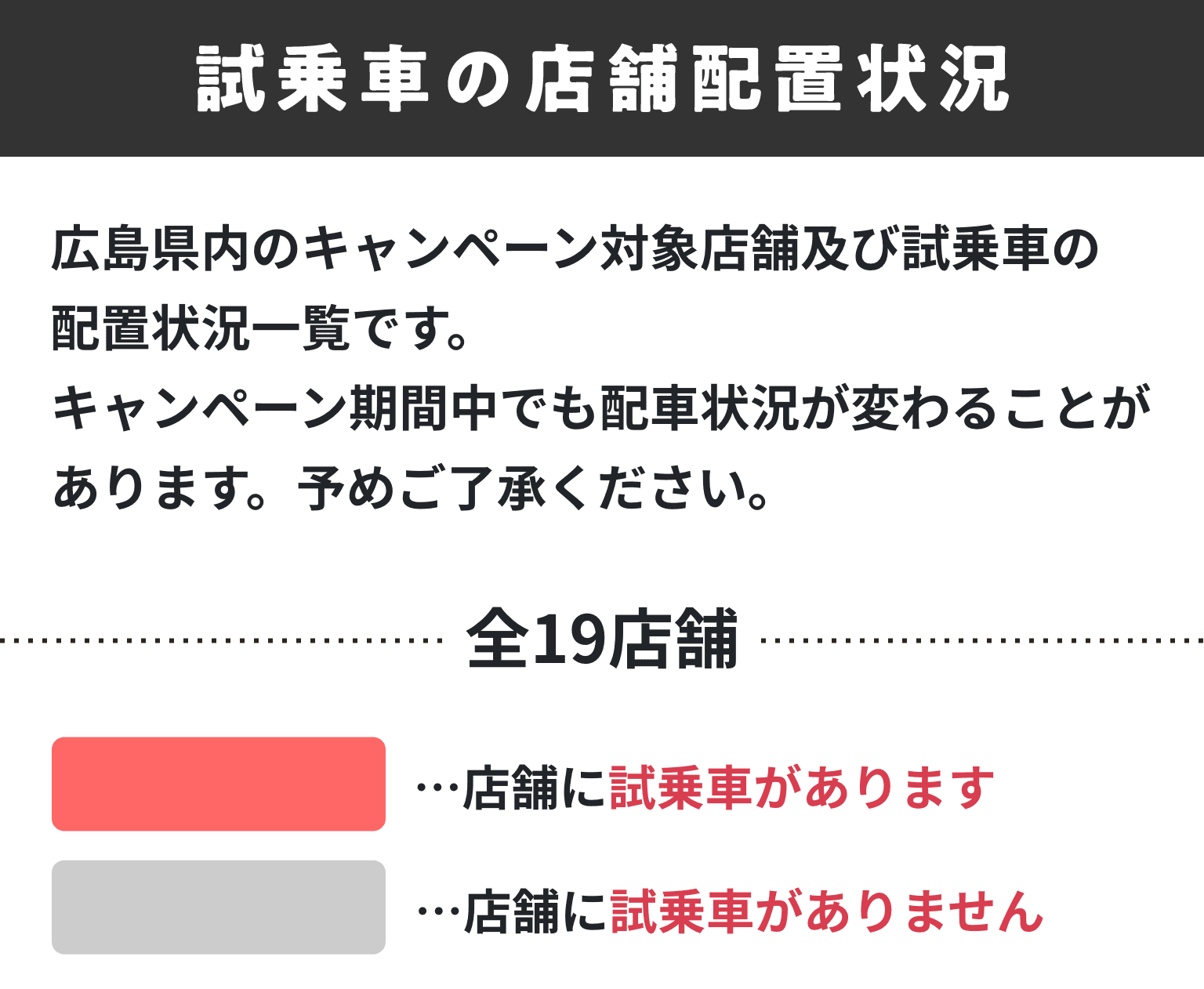 広島県内のキャンペーン対象店舗及び試乗車の配置状況一覧です。キャンペーン期間中でも配置状況が変わることがあります。予めご了承ください。